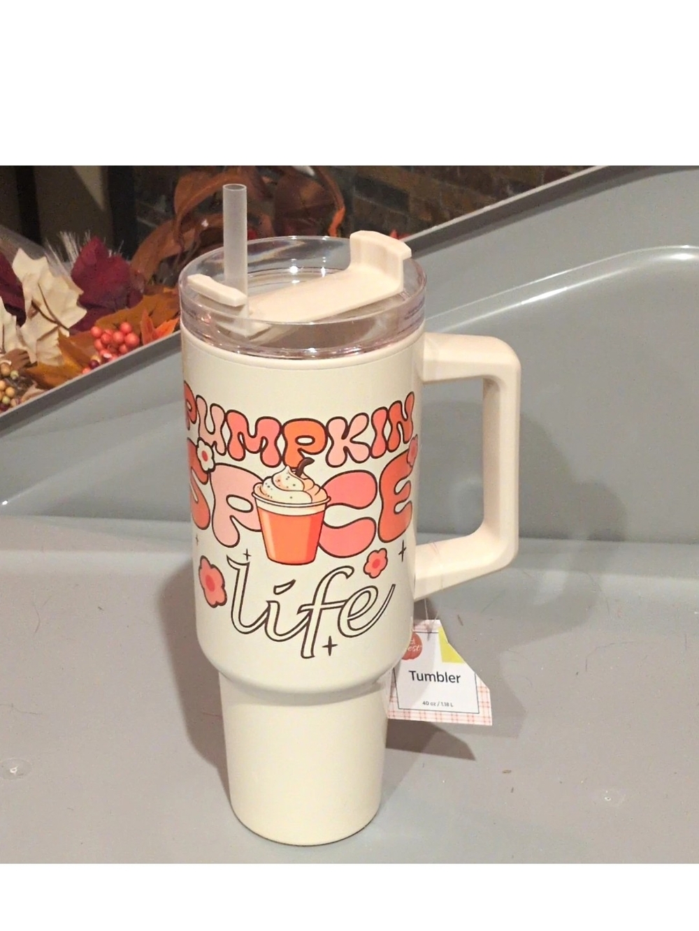 Pumpkin Spice Life White Travel Tumbler with Handle